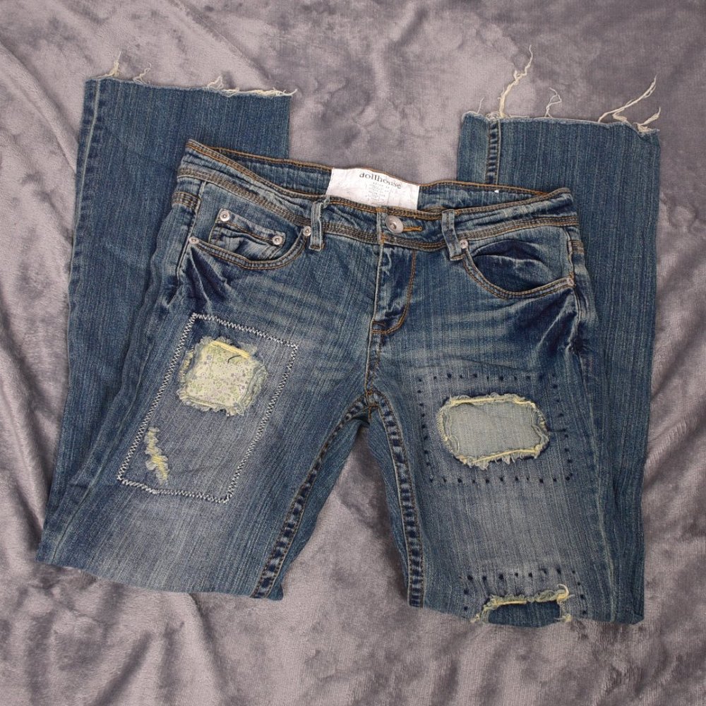 Dollhouse Jeans Distressed Patchwork Blue Size 7 - image 4